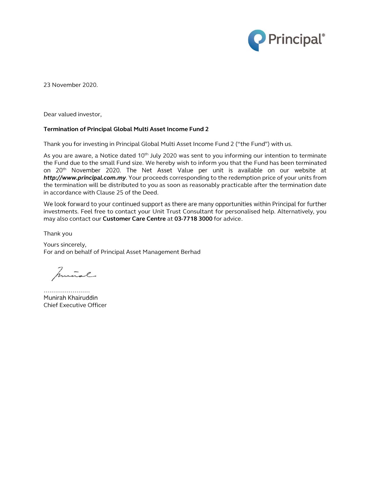 Termination of Principal Global Multi Asset Income Fund 2 