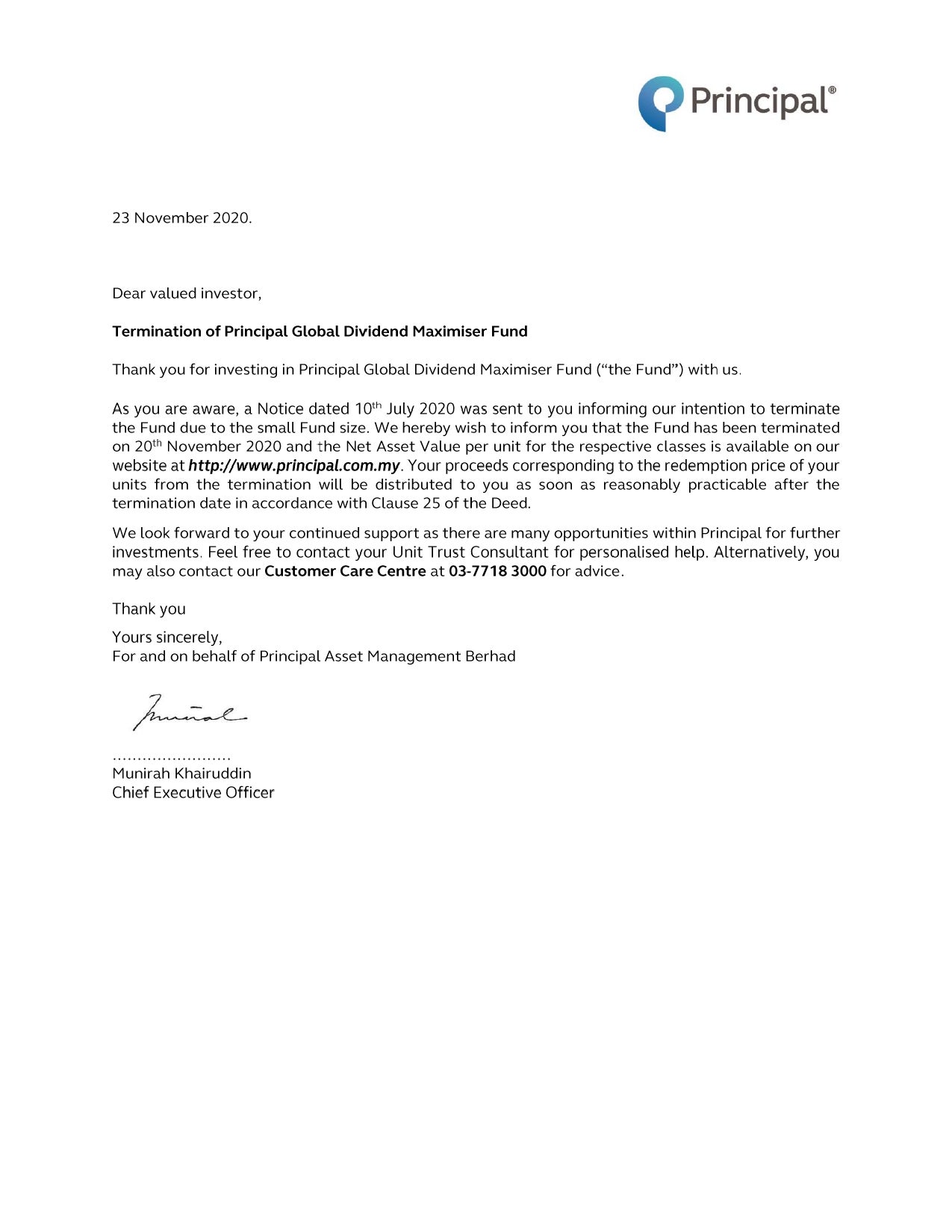 Termination of Principal Global Dividend Maximiser Fund